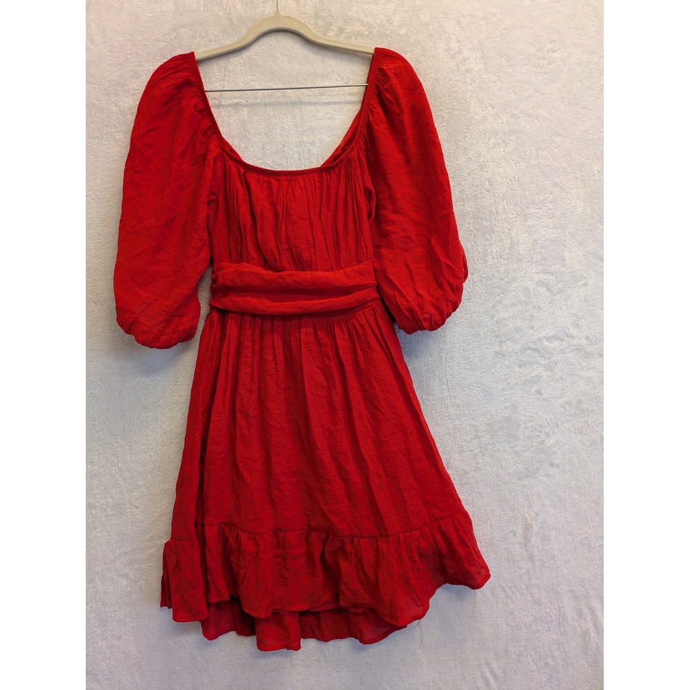 Red‎ Square Neck Puff Sleeve Ruffle Hem Mini Dress Women's Size Small